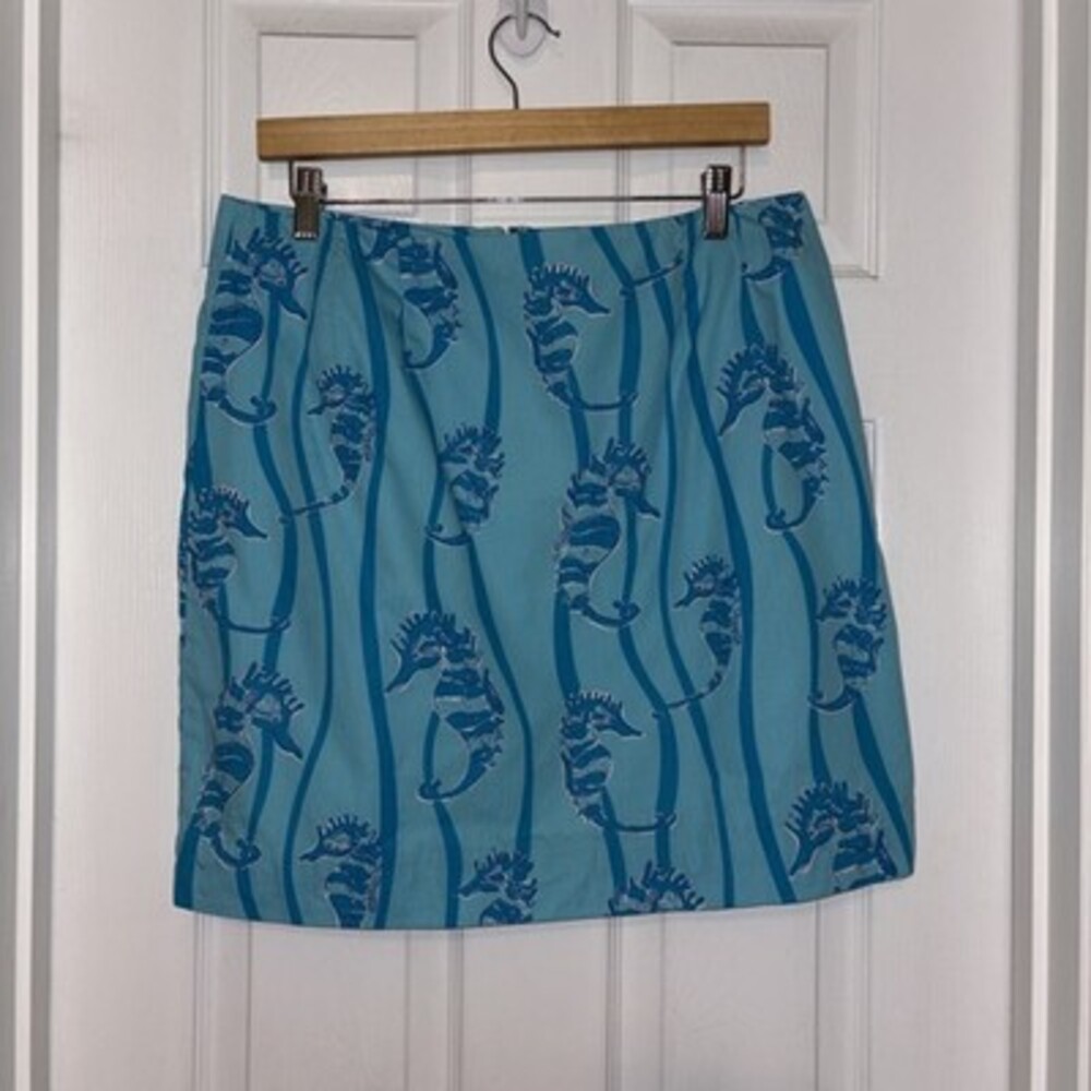 EUC Lilly Pulitzer Cotton Skirt Aqua Seahorse Pattern Size 14 Fully Lined